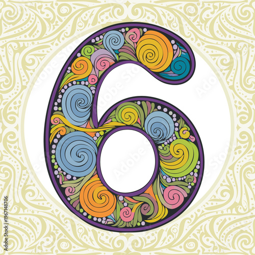 Colorful hand drawn number six with decorative swirls and floral elements