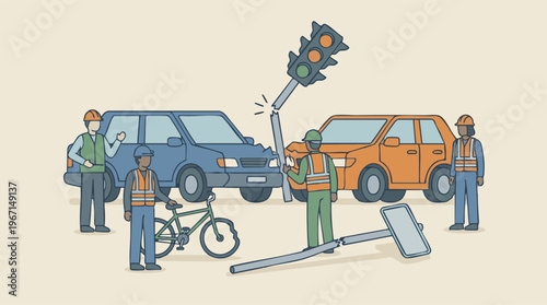 Road accident with damaged cars, broken traffic light, and safety workers