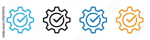 Gear icon with checkmark in four colors for settings or configuration vector illustration