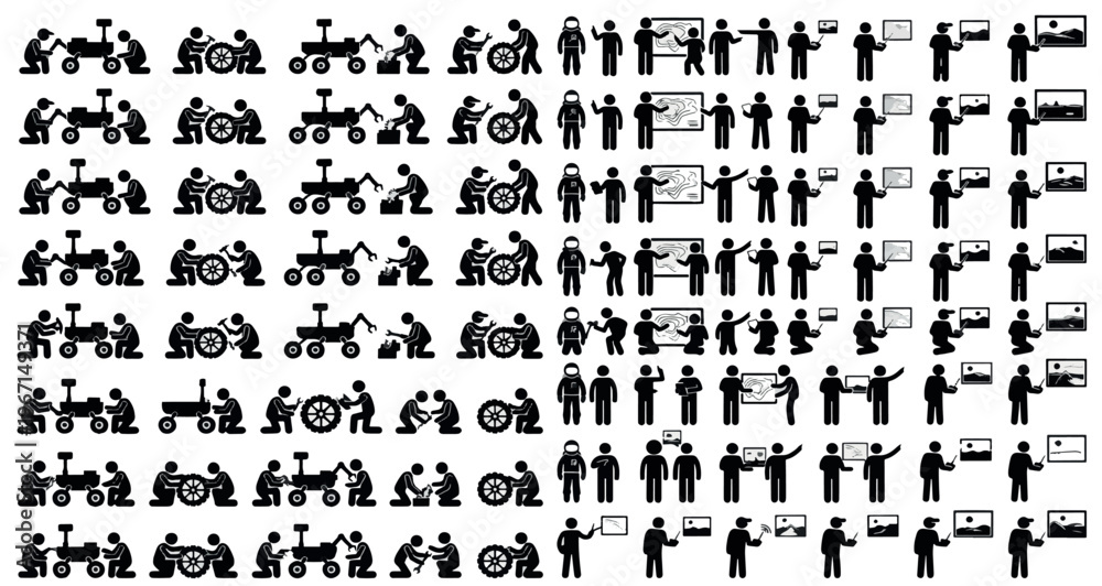 Fototapeta premium Mars Rover Maintenance Silhouettes Set Pack. Editable Vector Stroke Illustration. featuring vector, illustration, graphic, design, icon, set, collection, pictogram, symbol, silhouette, engineer more