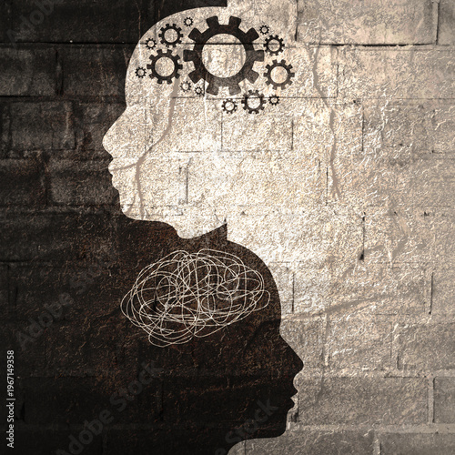 Metaphor bipolar disorder mind mental. Split personality. Concept mood disorder. Two head silhouette. Psychology and mental health. Dual personality concept. Tangle knot and gears as brain.