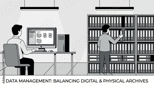 Man at workstation manage data and working with physical archive