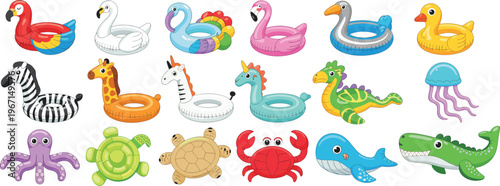 Colorful cartoon inflatable animal pool floats collection flat style illustration for summer use