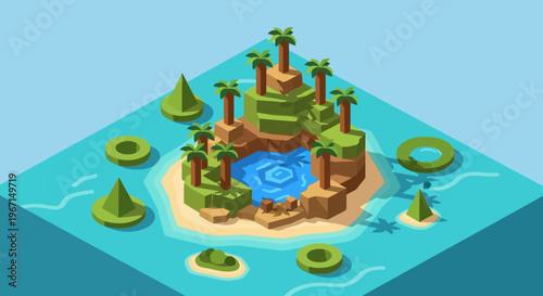 Isometric Tropical Island Resort With Palm Trees and Blue Water.