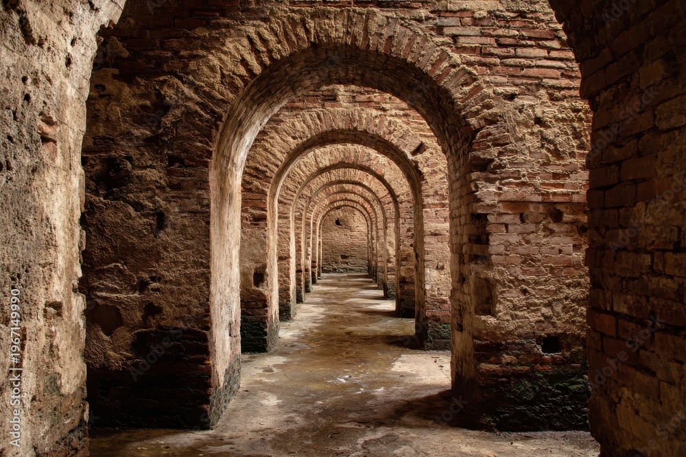 Obraz premium Old arched brick walkway with weathered pillars in a sunlit corridor