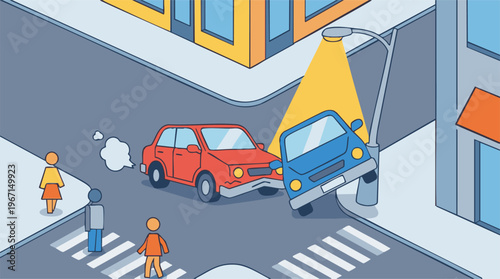 Urban street accident with two cars colliding at an intersection