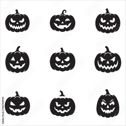 clean, minimalist collection of nine Jack-o'-lantern icons, perfect for Halloween-themed graphic design.