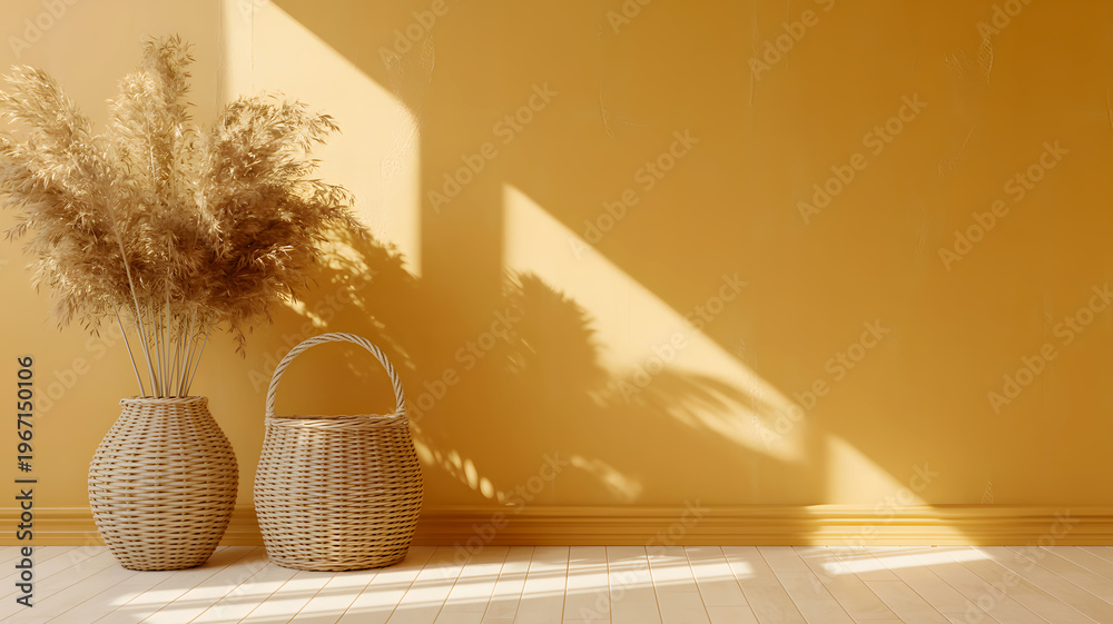Obraz premium Minimalist Sunny Interior with Wicker Basket, Vase with Dried Pampas Grass and Warm Sunlight Shadows on Yellow Wall Background