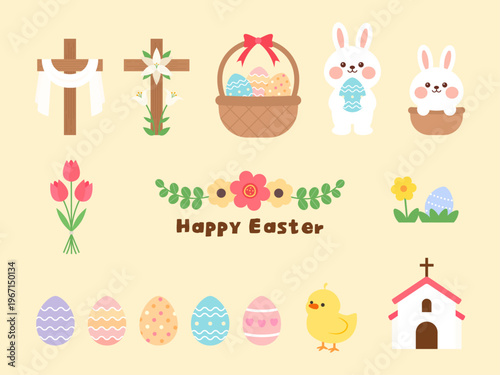 토끼, 병아리, 장식된 달걀, 십자가, 봄꽃이 포함된 귀여운 부활절 벡터일러스트
