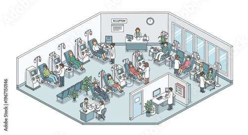 Modern Dialysis Center Interior with Patients and Medical Staff.