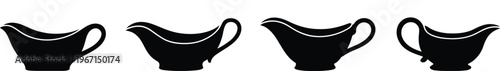 Gravy boat silhouette icon vector set featuring elegant serving dish shapes in clean black style for kitchen dining and restaurant design applications