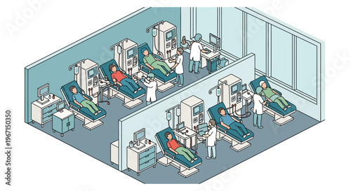 Medical dialysis treatment room with patients and machines.