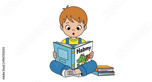 Young boy engrossed in reading a colorful storybook.