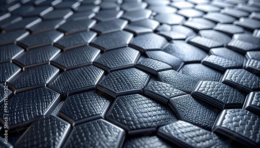 Fototapeta premium Extreme Macro of High-Tech Recycled Synthetic Fabric with 3D Hexagonal Weave, Metallic Sheen, and Deep Charcoal Copy Space