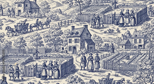 Vintage Village Scene with People and Buildings in Blue and White.