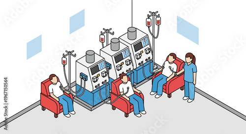 Patients undergoing dialysis treatment in a medical facility.