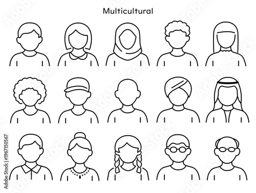 シンプルな線画で描かれた世界中の多様な人々の顔のバリエーションイラスト