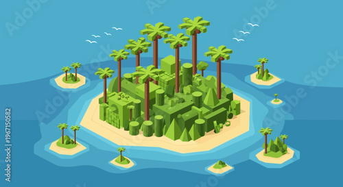 Tropical Island Paradise Surrounded by Clear Blue Ocean Water.