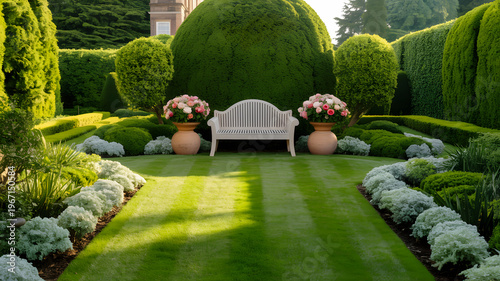 Symmetric English Formal Garden with White Wooden Bench, Blooming Pink Peonies in Terracotta Vases and Sculpted Green Topiary Hedges