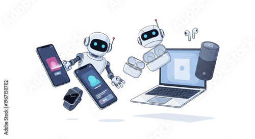 Robots interacting with modern technology devices and gadgets.