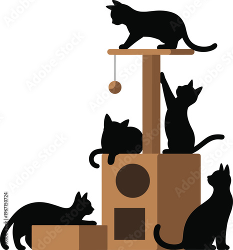 Cats playing on scratching post silhouette, multiple kittens on cat tree with toy, pet activity and behavior concept, domestic animals illustration for design