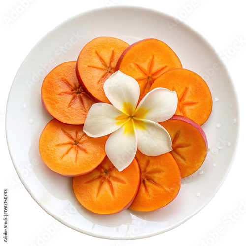 sliced persimmon and a single plumeria flower on white plate