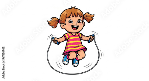 Happy little girl jumping rope outdoors on a sunny day.