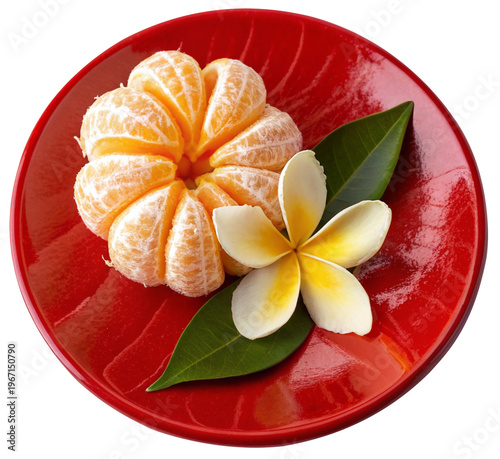 Oranges and frangipani flower on a red plate.