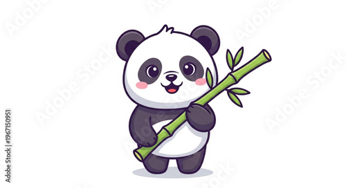 Cute cartoon panda holding a bamboo stalk.