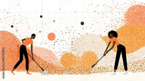 Wallpaper Mural Two people sweeping up scattered confetti in an abstract, geometric environment Torontodigital.ca