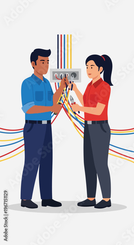 A man and a woman fixing electrical wiring and cables on a wall panel together