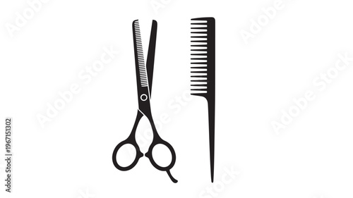 Scissors and comb icon with detailed teeth and finger holes, representing professional haircutting tools for barbers and stylists