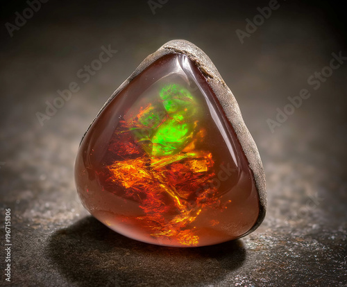 Fire Opal Cabochon Pair on Matrix – Macro Studio Shot, Polished fire opals with vivid green and red play-of-color on stone; glossy, high‑res macro product image for design and branding.