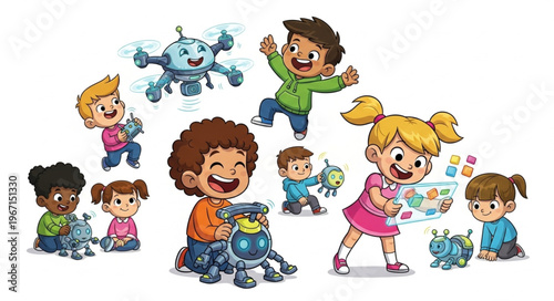 Children happily playing with futuristic robots and drones.