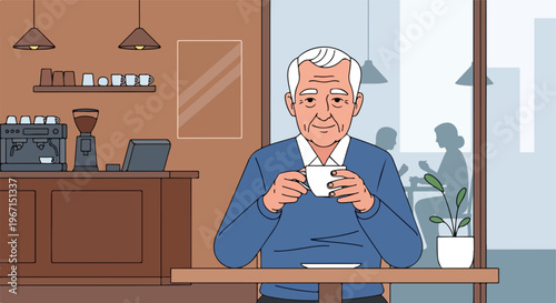 An elderly man sits in a cafe, holding a coffee cup, with city silhouettes