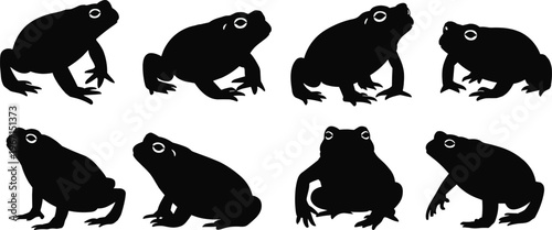 Frog silhouettes collection with various poses, amphibian wildlife set featuring sitting and crouching frogs, nature illustration elements for design, icons, and creative projects