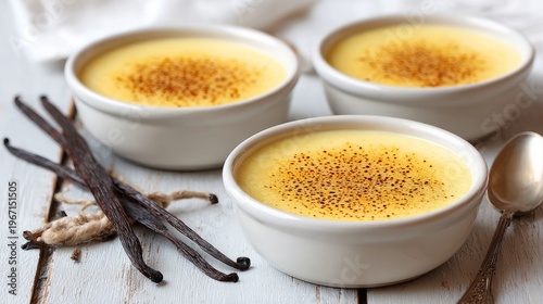 Sweet custard desserts in bowls sat on a white wooden table, with vanilla beans nearby.