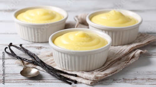 Sweet custard desserts in bowls sat on a white wooden table, with vanilla beans nearby.