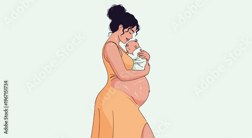 A pregnant woman holding a newborn baby gently against her chest with affection