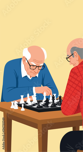 Two elderly men wearing glasses playing a strategic game of chess at a table