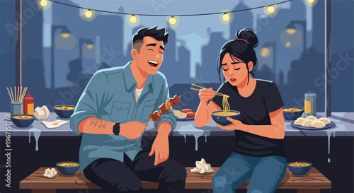 A young couple enjoys a late night dinner with street food at an outdoor stall