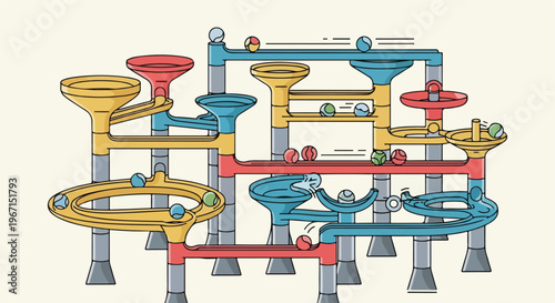 A colorful plastic toy construction set with rolling balls on tracks and funnels