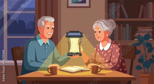 An elderly couple sits at a table together using a glowing solar lantern light