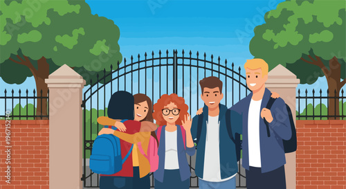 A group of diverse students hugging and smiling in front of a metal school gate