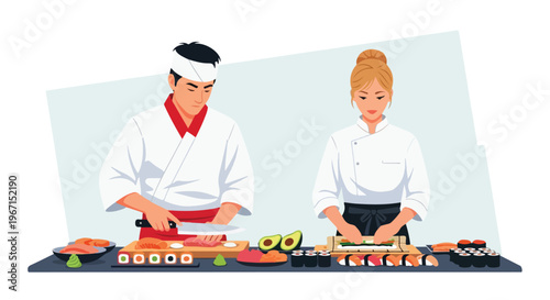 A man and a woman in chef uniforms working together to prepare fresh sushi rolls (1)