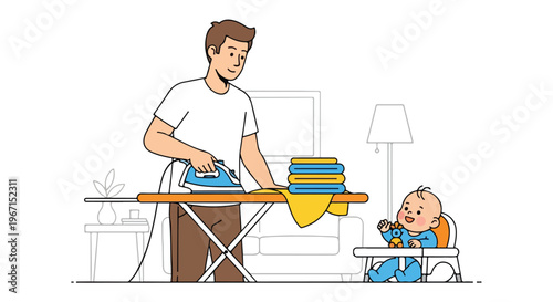 A man ironing laundry while his baby sits in a high chair in the living room