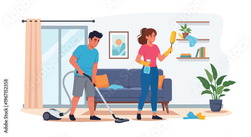 A man uses a vacuum cleaner while a woman dusts shelves in a tidy living room