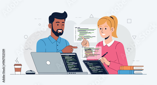 Two colleagues collaborate on software development projects using digital devices