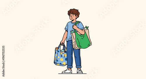 A young man standing and carrying several reusable grocery bags full of supplies