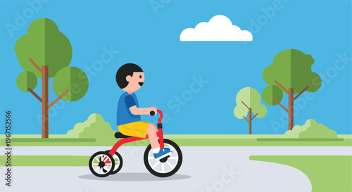 A young boy happily riding a red tricycle along a path in a park with trees